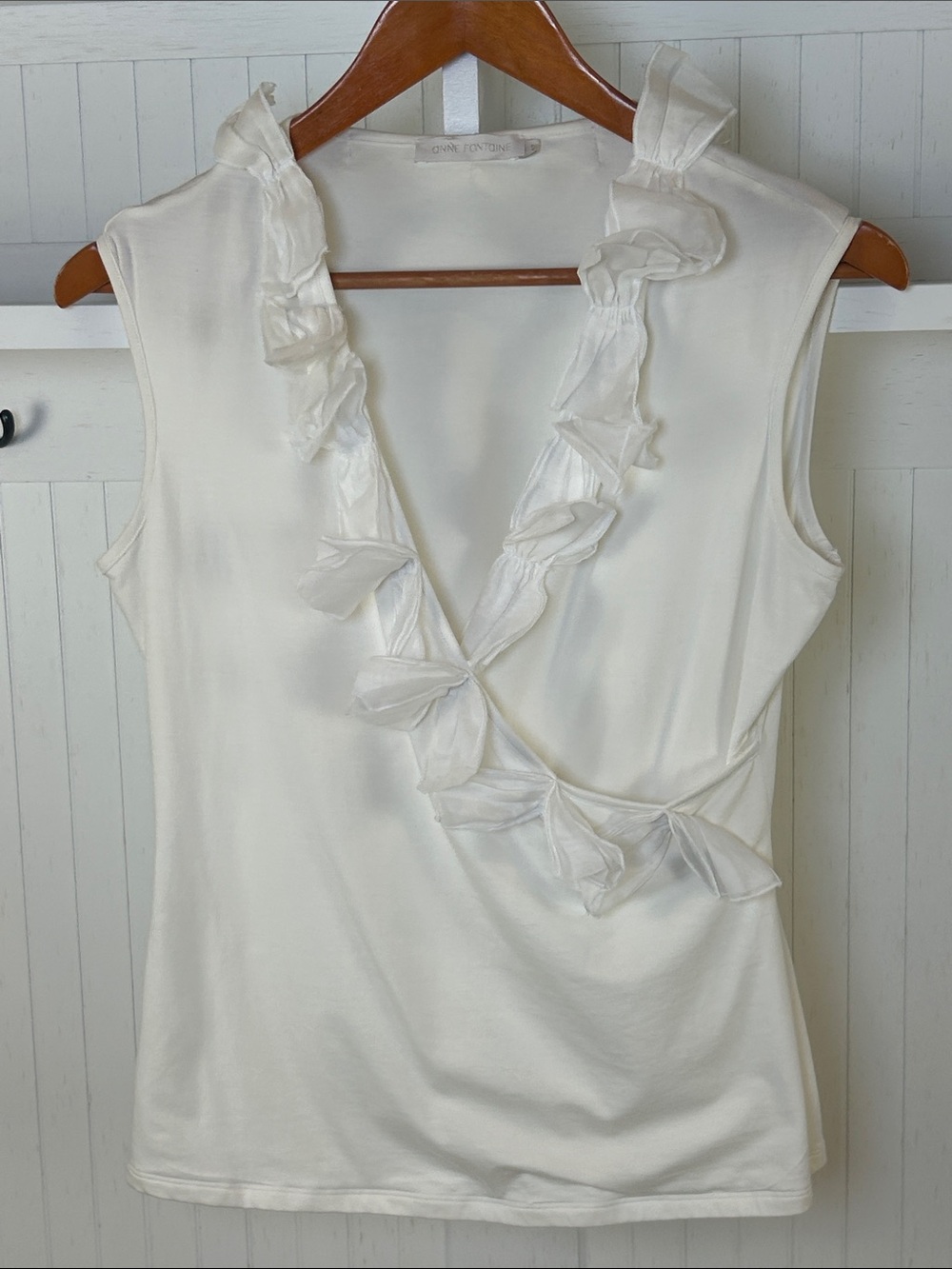 Anne Fontaine White Bow Ruffle Faux Wrap Sleeveless Top Size 38